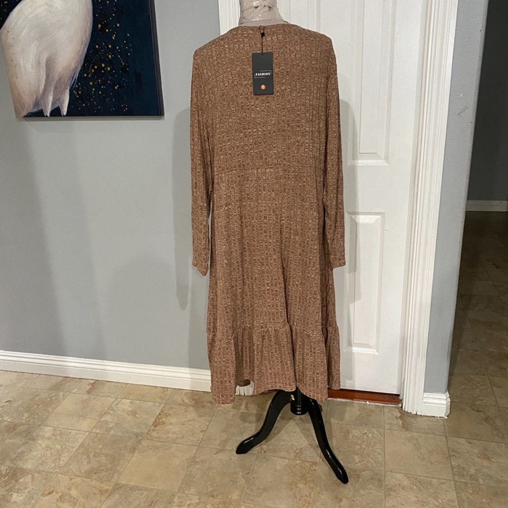 New Women 3XL Brown Long-sleeved Midi dress tiered babydoll sweater Dress - Picture 7 of 8